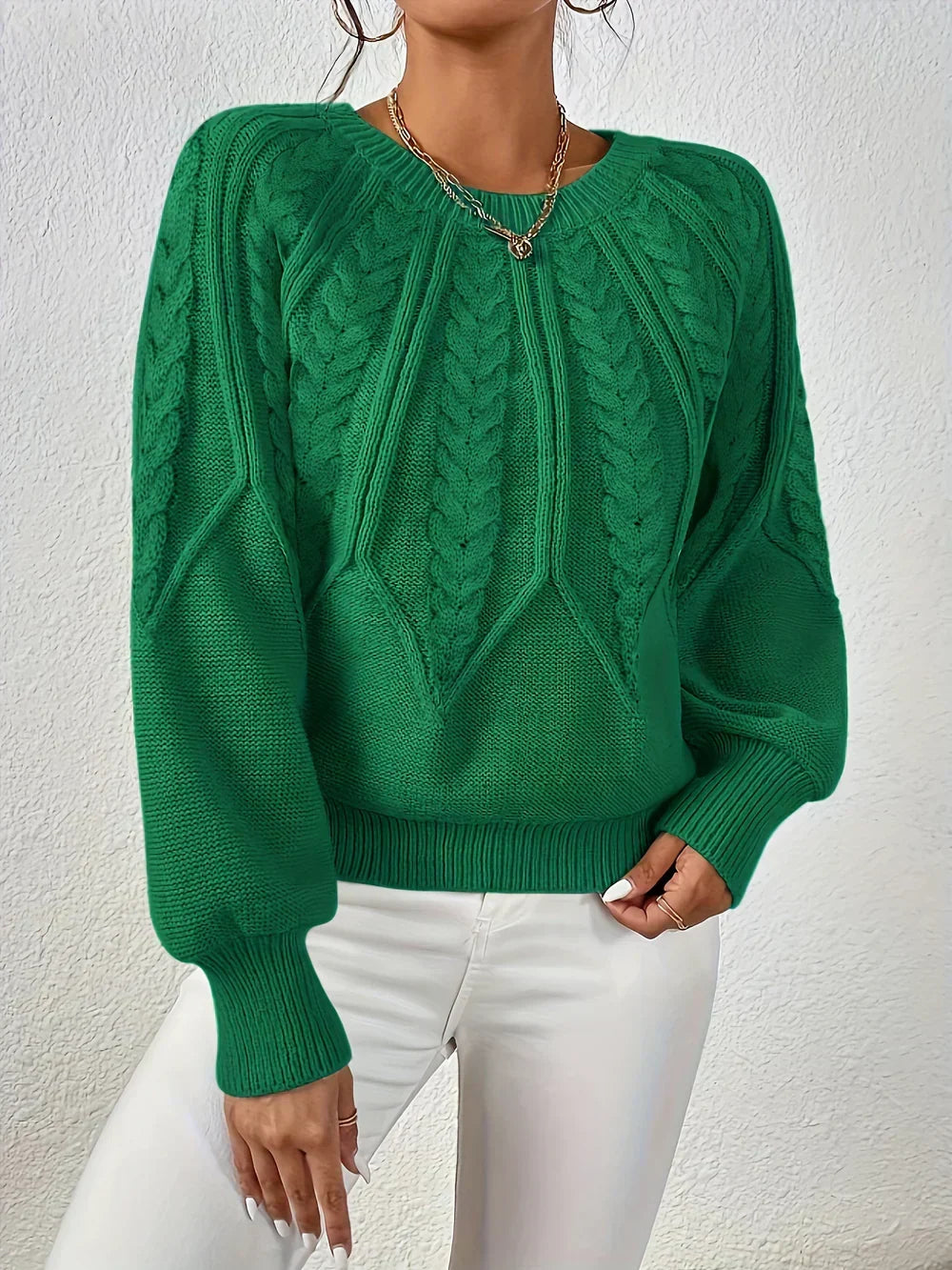 Women's Chevron Cable Knit Sweater, Lantern Sleeve Crewneck Pullover