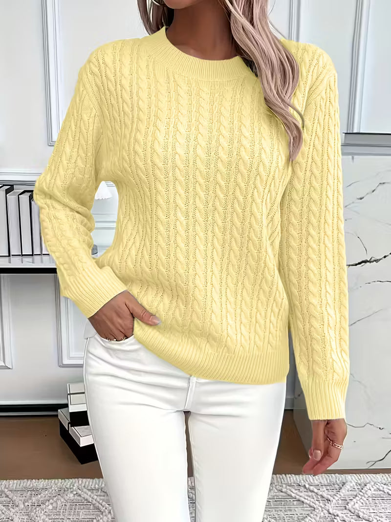 Women's Cable Knit Crewneck Sweater, Classic Fit Long Sleeve Winter Pullover