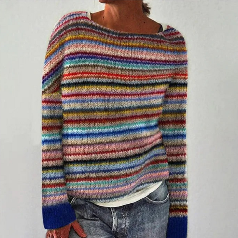 Women's Mixed Pattern Fuzzy Knit Sweater, Relaxed Crewneck Retro Pullover