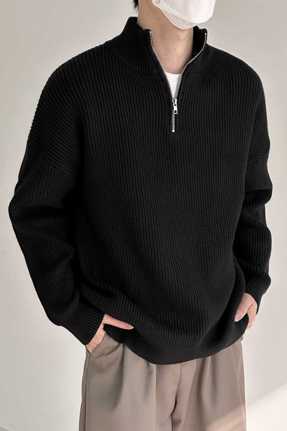Men's Zip-Up Knit Sweater, Oversized Winter Pullover