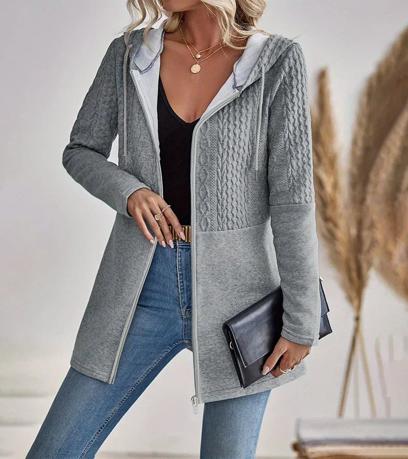Women's Hooded Zip Up Knit Cardigan, Cable Panel Long Sleeve Sweater Jacket