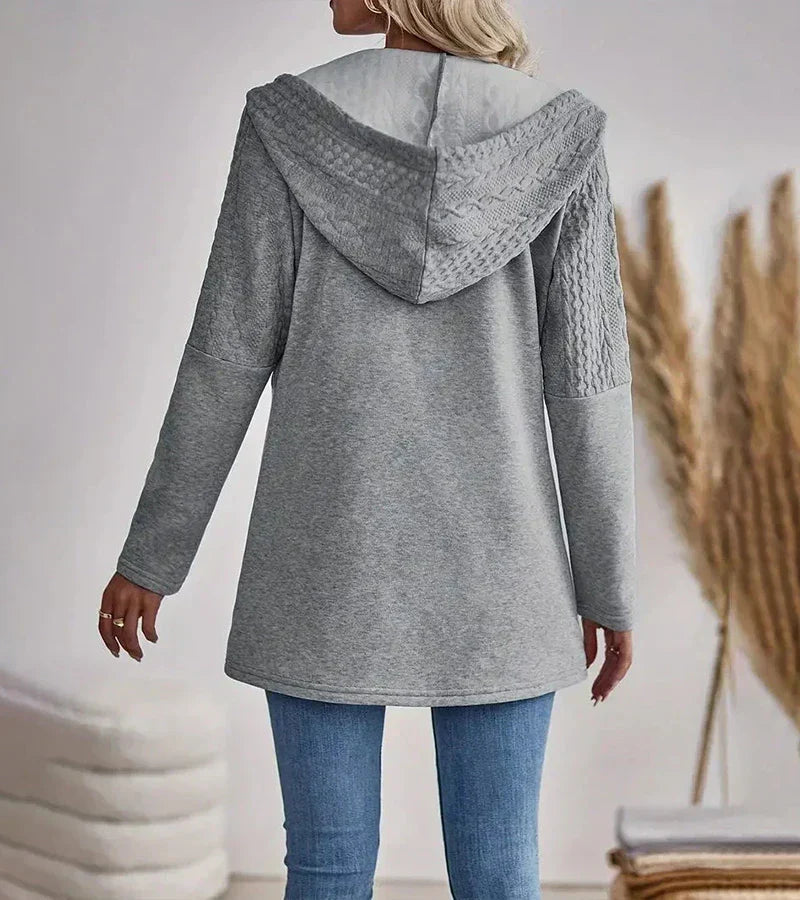 Women's Hooded Zip Up Knit Cardigan, Cable Panel Long Sleeve Sweater Jacket