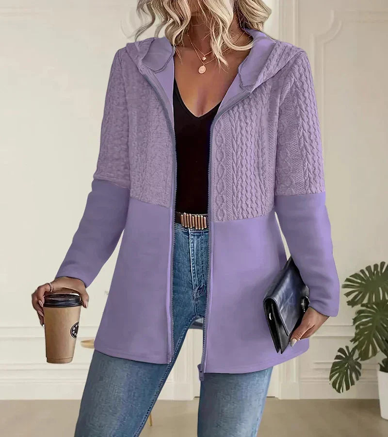 Women's Hooded Zip Up Knit Cardigan, Cable Panel Long Sleeve Sweater Jacket