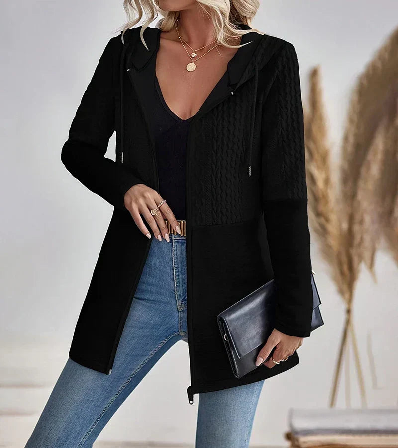 Women's Hooded Zip Up Knit Cardigan, Cable Panel Long Sleeve Sweater Jacket