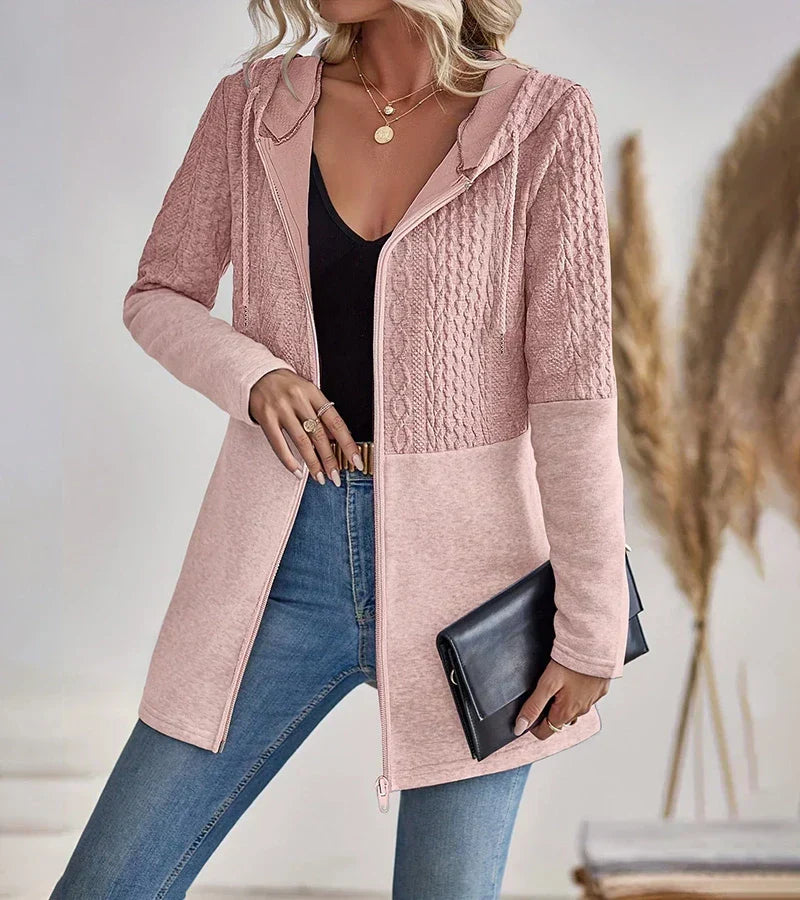 Women's Hooded Zip Up Knit Cardigan, Cable Panel Long Sleeve Sweater Jacket
