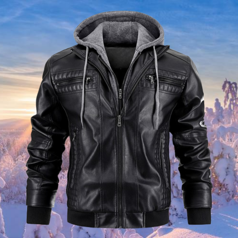 Men's Hooded Faux Leather Bomber Jacket, Zip Up Layered Hood Winter Jacket