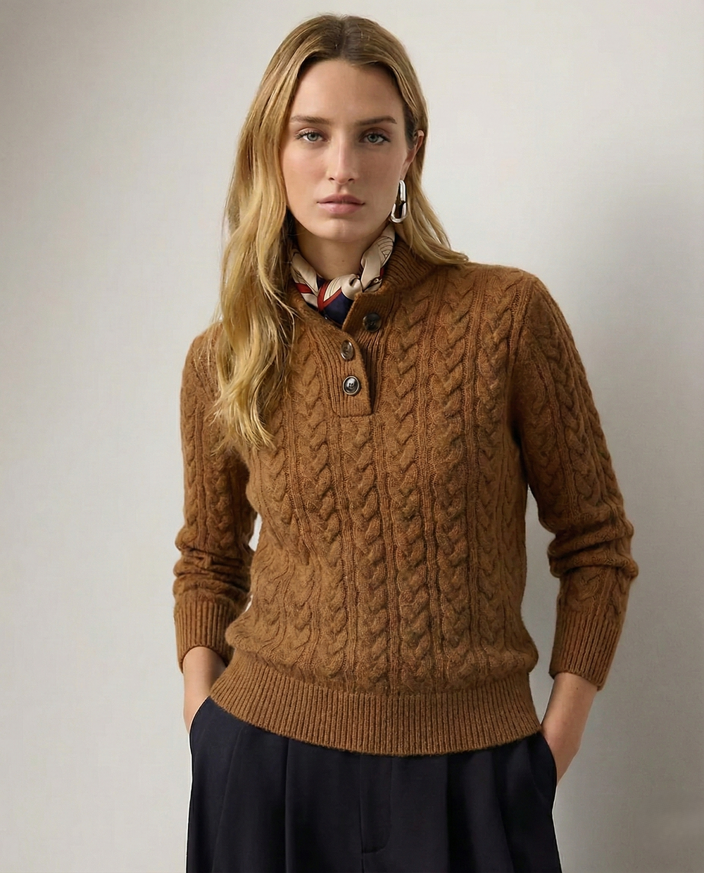 Women's Cable Knit Button Neck Sweater, Stand Collar Henley Pullover