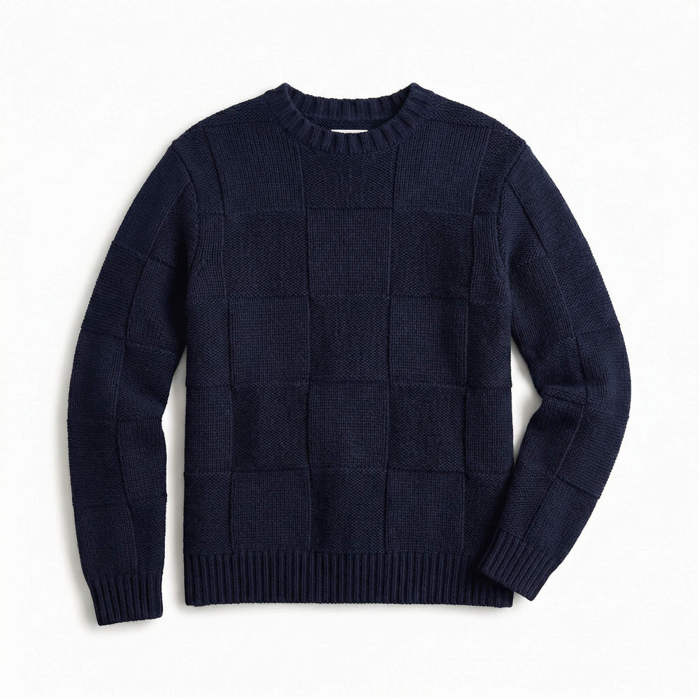 Men's Checkerboard Textured Knit Sweater, Crewneck Everyday Winter Pullover