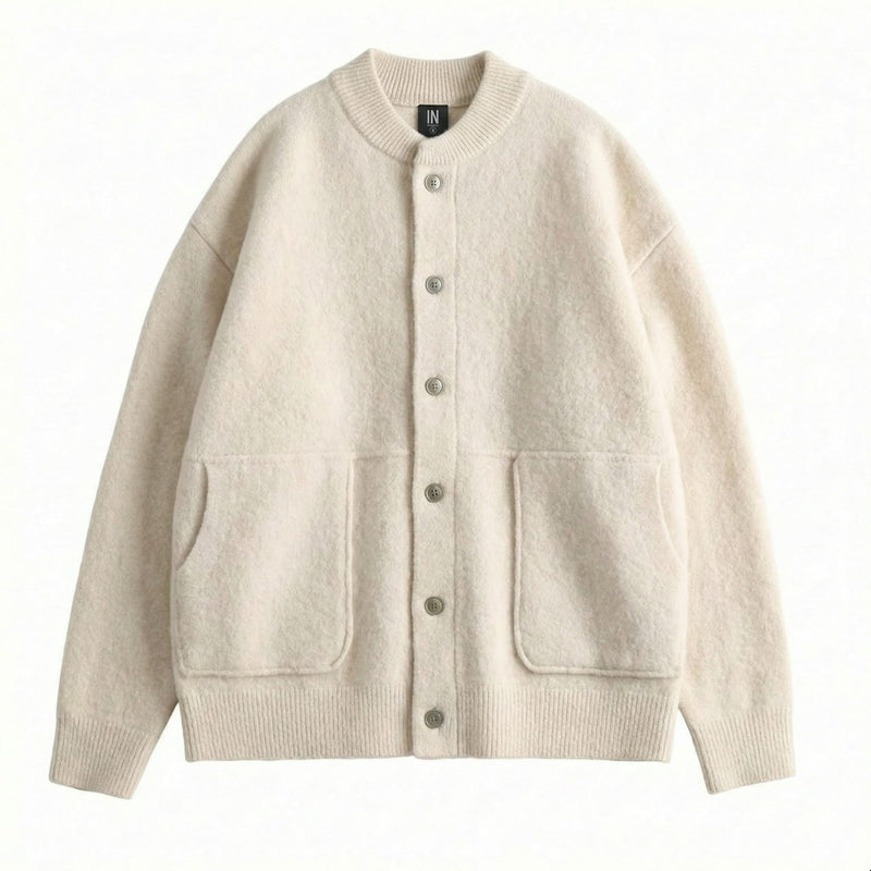 Men's Brushed Knit Cardigan, Button Front Patch Pocket Crewneck Sweater