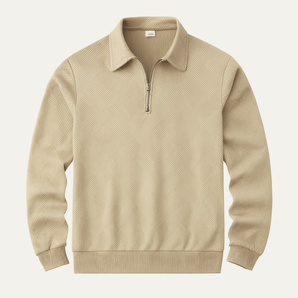 Men's Geometric Texture Quarter Zip Sweater, Spread Collar Relaxed Pullover