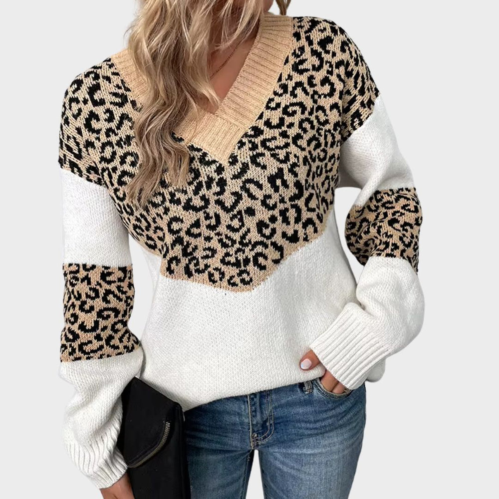 Women's Leopard Print V-Neck Sweater, Color Block Sleeve Stripe Knit Pullover