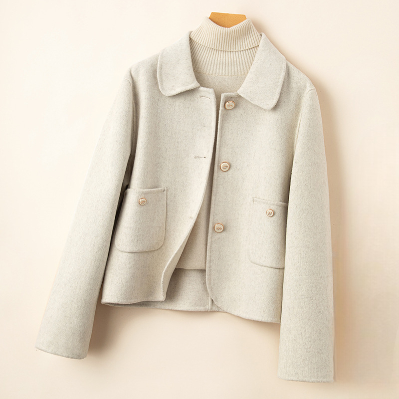 Women's Cropped Brushed Jacket, Button Front Round Collar Patch Pocket Jacket