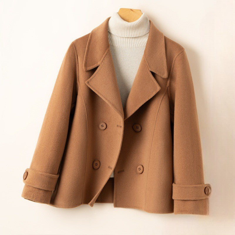 Women's Double Breasted Pea Coat, Short Notch Lapel Brushed Winter Coat