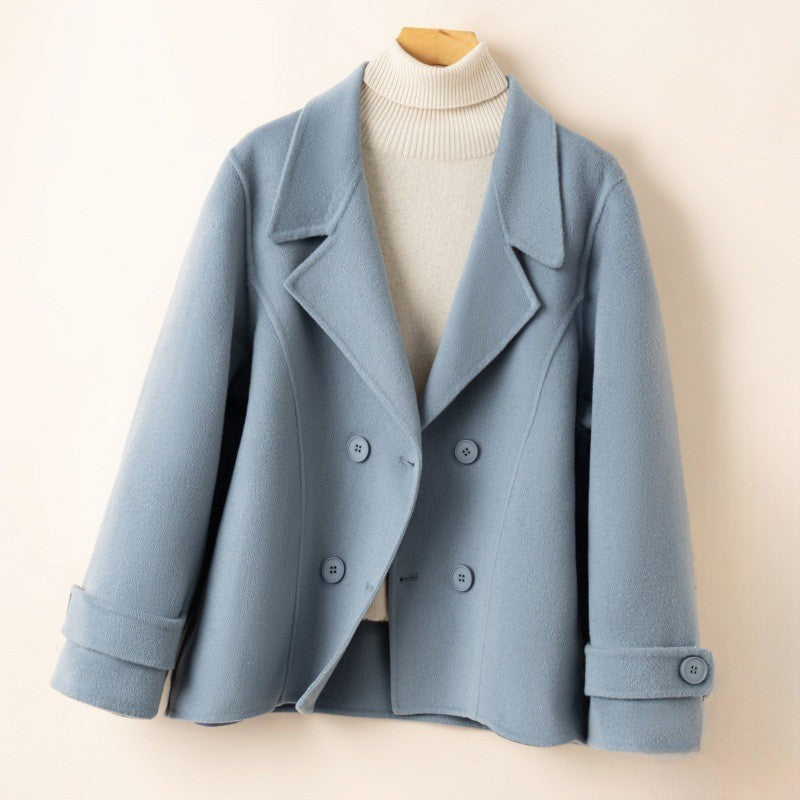 Women's Double Breasted Pea Coat, Short Notch Lapel Brushed Winter Coat
