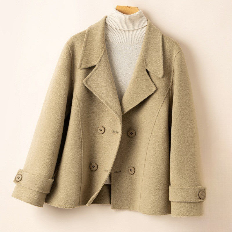 Women's Double Breasted Pea Coat, Short Notch Lapel Brushed Winter Coat