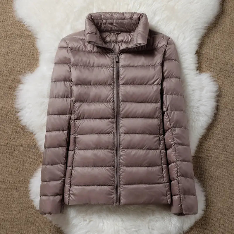 Women's Channel Quilted Puffer Jacket, Lightweight Zip Up Stand Collar Coat – Taupe