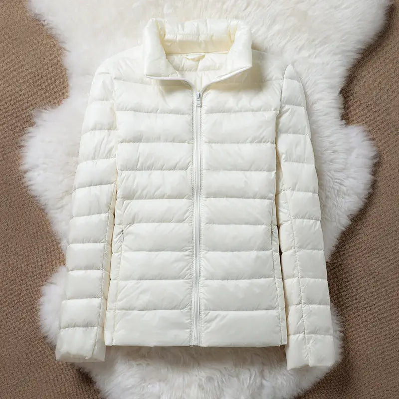 Women's Lightweight Quilted Puffer Jacket, Zip Up Stand Collar Winter Coat – Cream