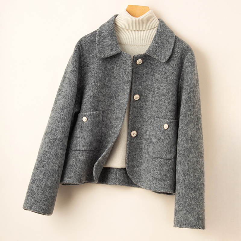 Women's Cropped Brushed Jacket, Button Front Round Collar Patch Pocket Jacket