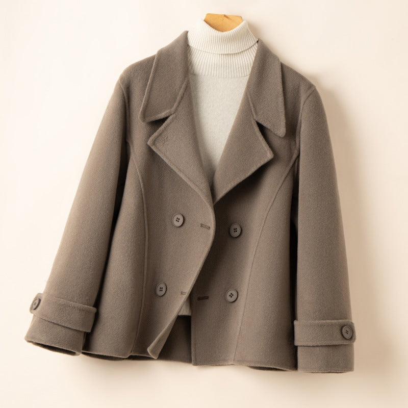 Women's Double Breasted Pea Coat, Short Notch Lapel Brushed Winter Coat