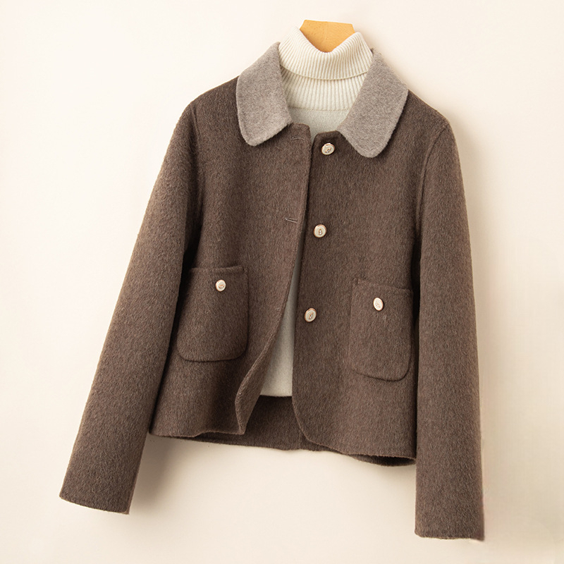 Women's Cropped Brushed Jacket, Button Front Round Collar Patch Pocket Jacket