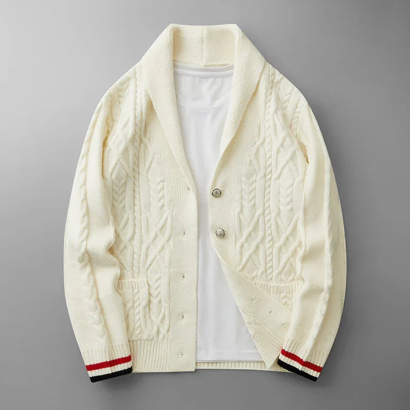 Men's Cable Knit Shawl Collar Cardigan, Striped Cuff Button Front Sweater