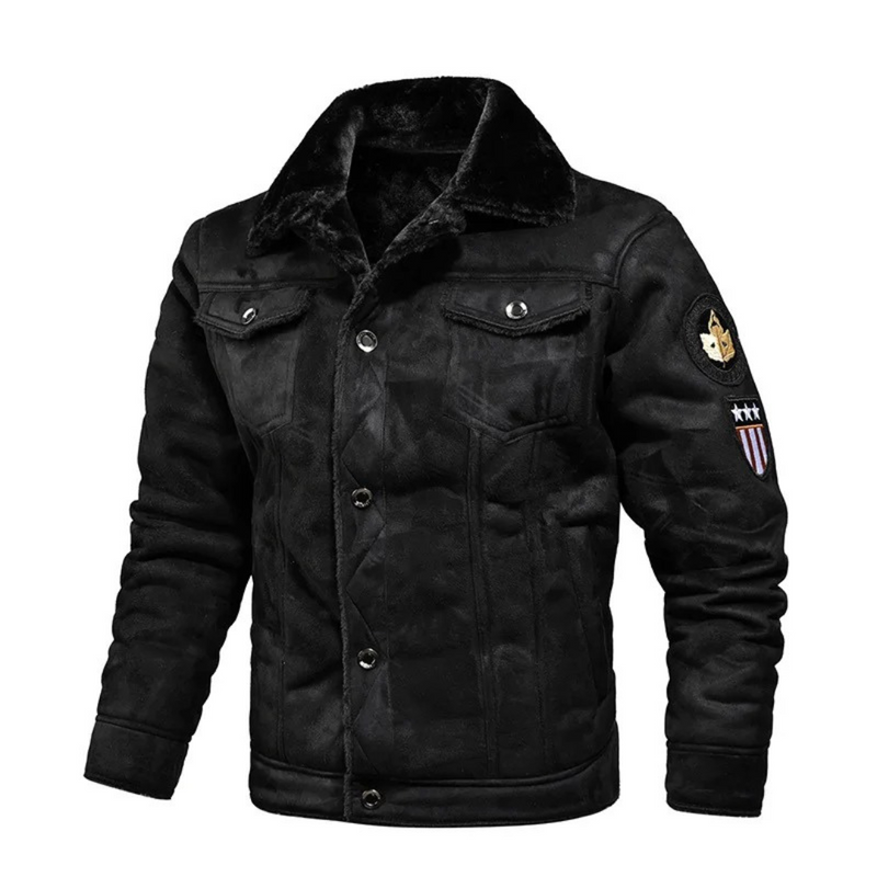 Men's Faux Suede Sherpa Trucker Jacket, Snap Front Patch Sleeve Winter Jacket