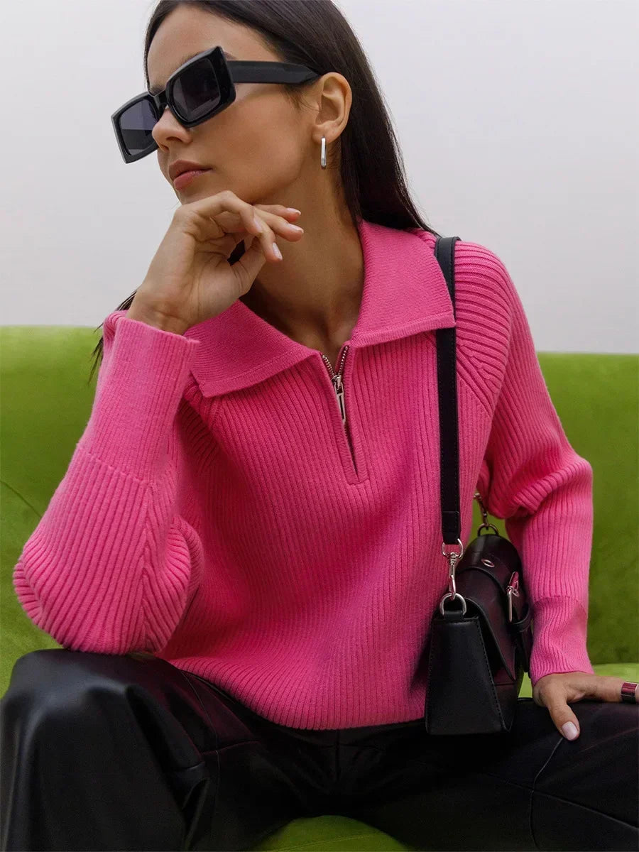Women's Ribbed Knit Quarter Zip Sweater, Wide Collar Relaxed Pullover