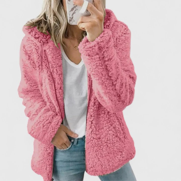 Women's Hooded Teddy Fleece Jacket, Fuzzy Relaxed Fit Winter Coat