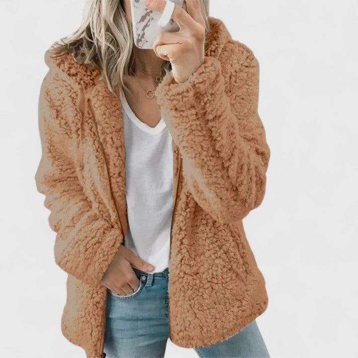Women's Hooded Teddy Fleece Jacket, Fuzzy Relaxed Fit Winter Coat