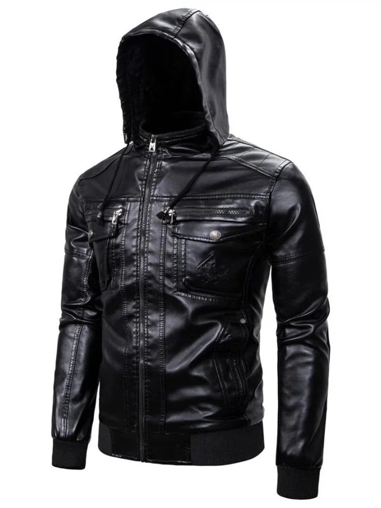 Men's Faux-Leather Moto Jacket, Zip-Up Winter Jacket