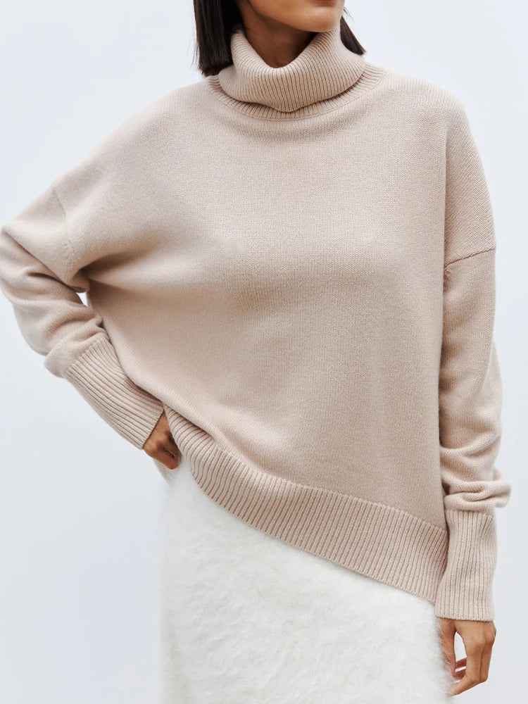 Women's Oversized Turtleneck Sweater, Soft Knit Drop Shoulder Winter Pullover