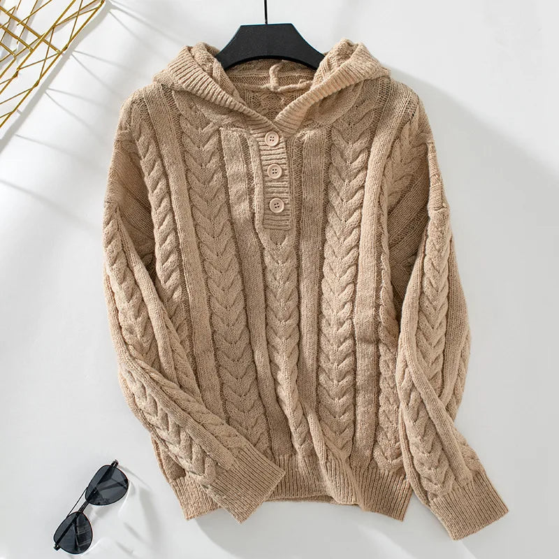 Women's Hooded Knit Hoodie, Button-Front Cozy Sweatshirt