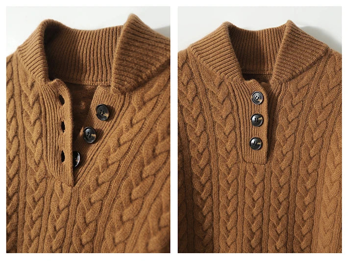 Women's Cable Knit Button Neck Sweater, Stand Collar Henley Pullover