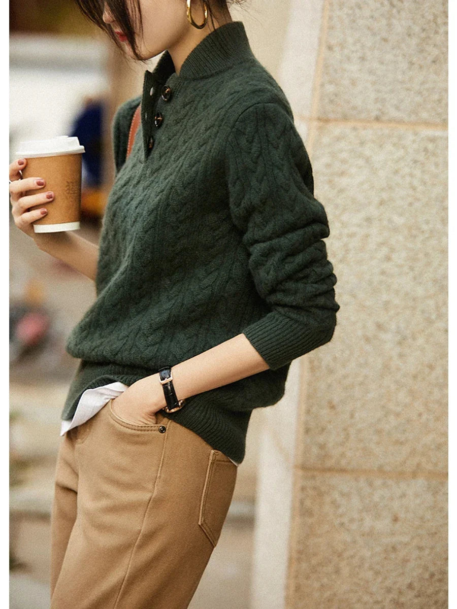 Women's Cable Knit Button Neck Sweater, Stand Collar Henley Pullover