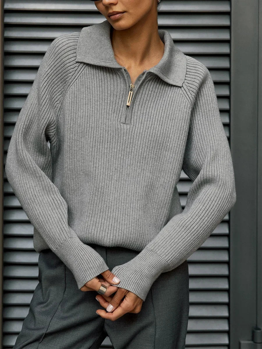 Women's Ribbed Knit Quarter Zip Sweater, Wide Collar Relaxed Pullover