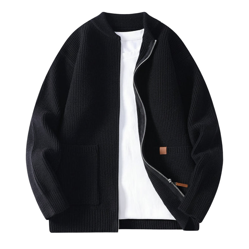 Men's Ribbed Knit Zip Up Jacket, Stand Collar Sweater Jacket