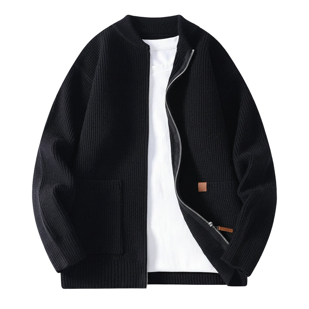 Men's Ribbed Knit Zip Up Jacket, Stand Collar Sweater Jacket
