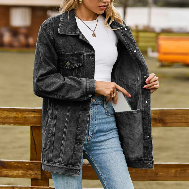 Women's Oversized Denim Jacket, Longline Button Front Trucker Jacket