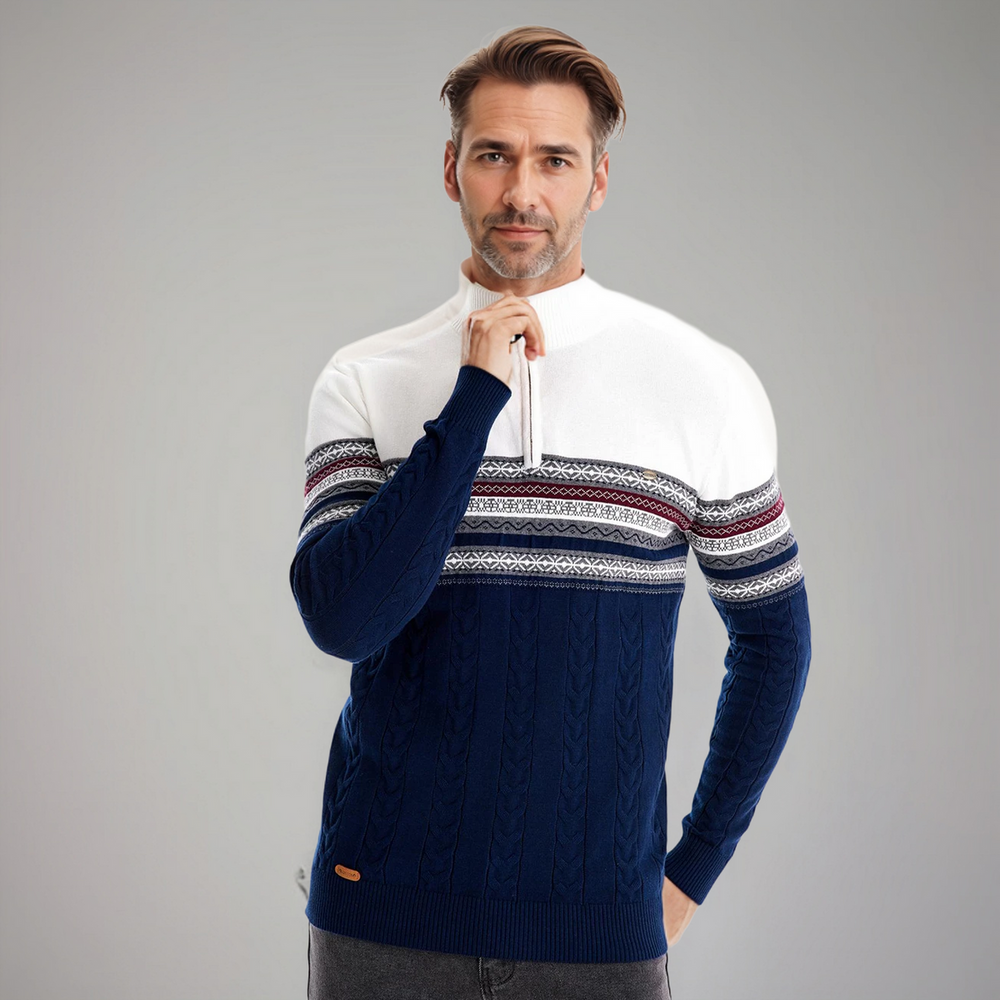 Men's Half-Zip Denim Quarter-Zip Sweater, Fair-Isle Winter Ribbed Pullover