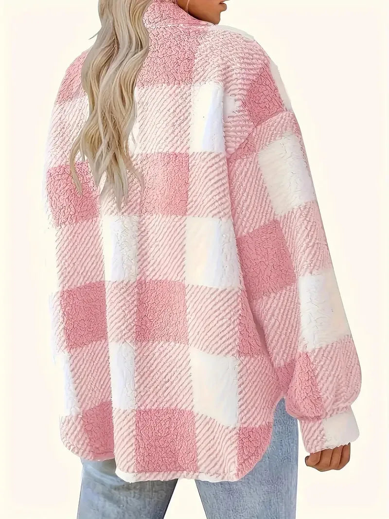 Women's Plaid Fleece Shirt Jacket, Button Front Flap Pocket Oversized Overshirt