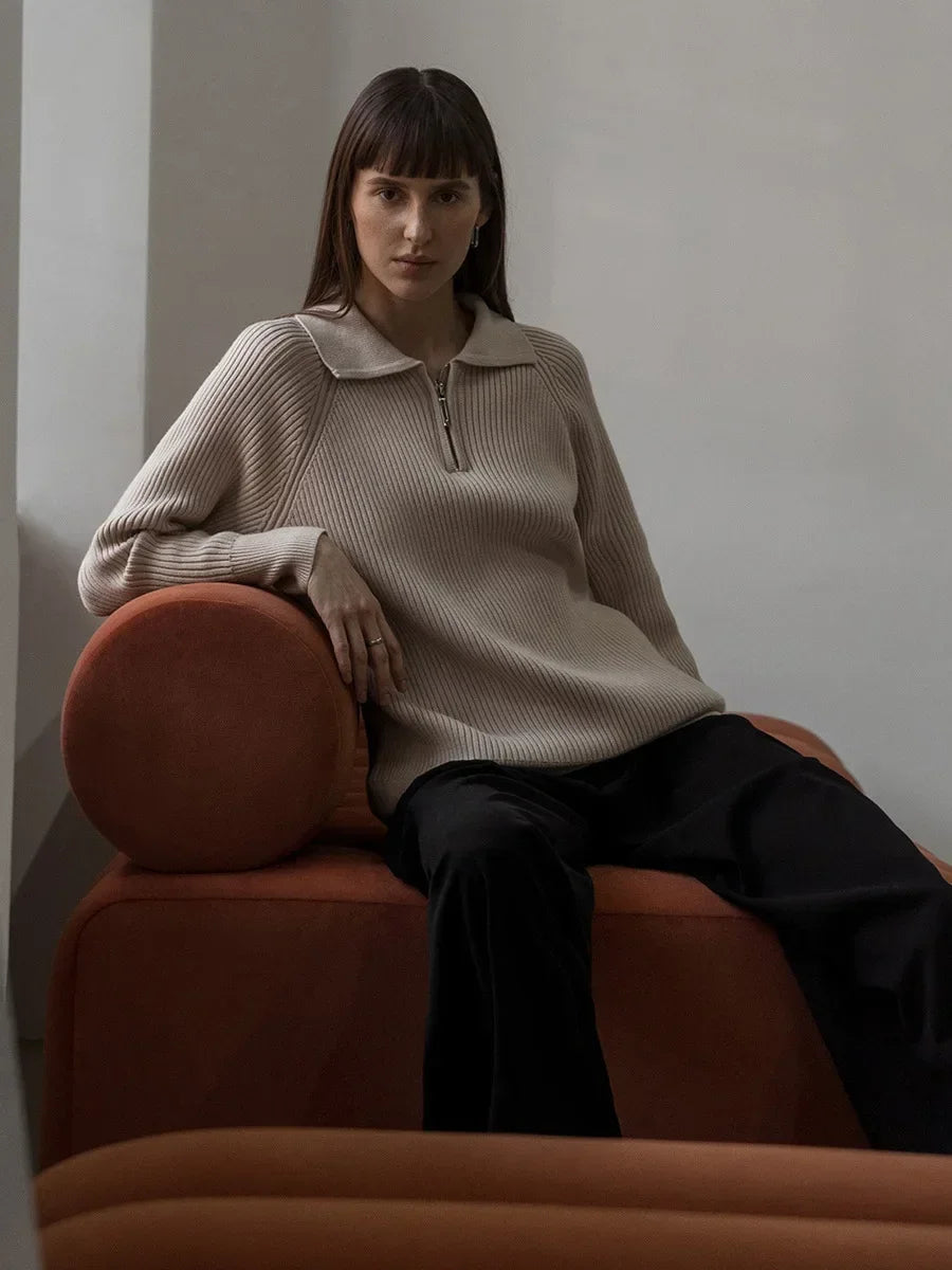 Women's Ribbed Knit Quarter Zip Sweater, Wide Collar Relaxed Pullover