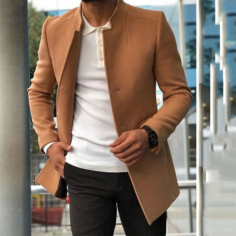 Men's Stand Collar Overcoat, Slim Fit Button Front Brushed Topcoat