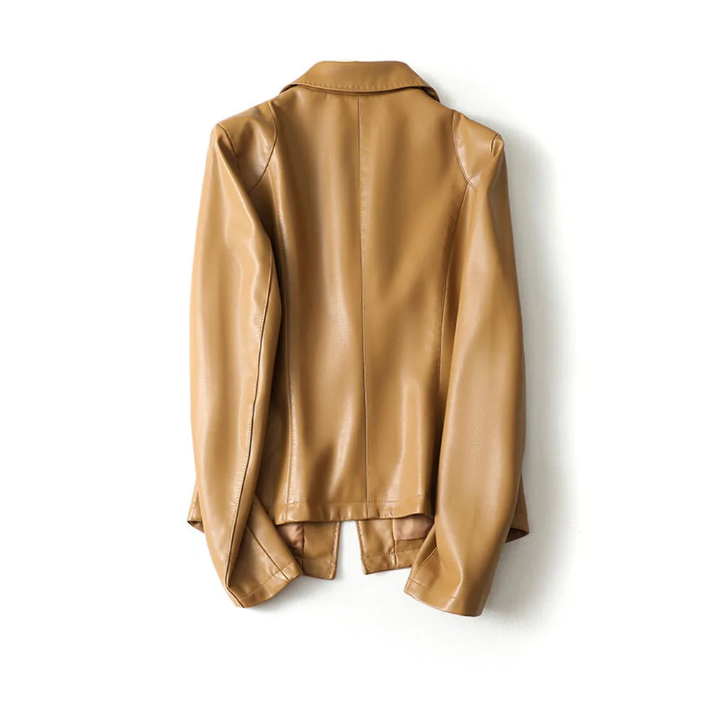 Women's Faux Leather Blazer, One Button Notch Lapel Fitted Office Jacket