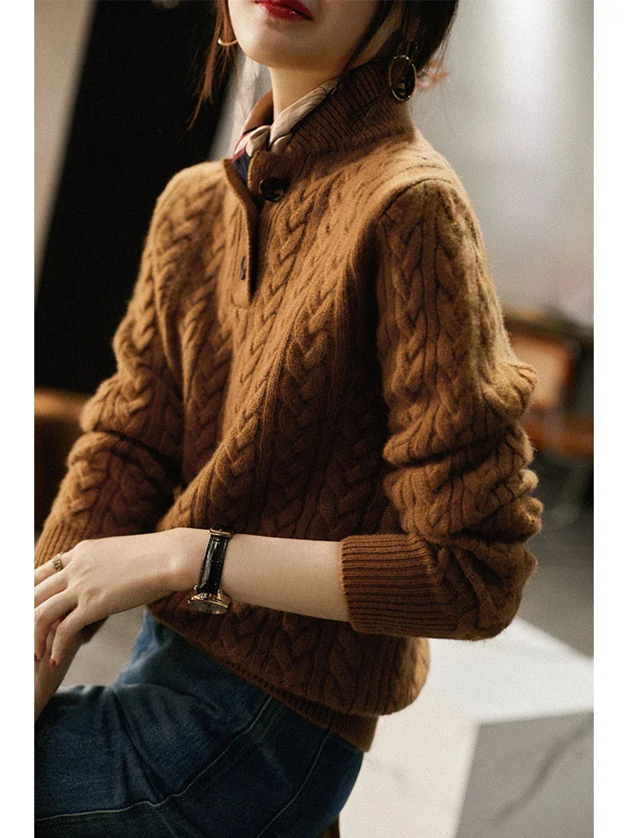 Women's Cable Knit Button Neck Sweater, Stand Collar Henley Pullover