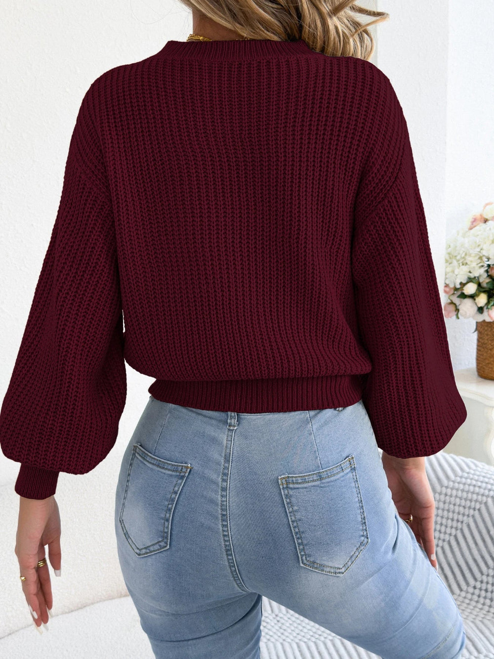 Women's Cropped Cable Knit Sweater, Balloon Sleeve Crewneck Pullover