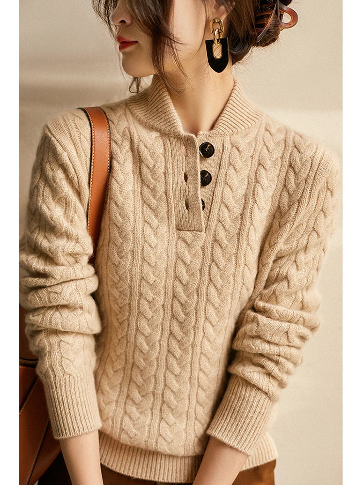 Women's Cable Knit Button Neck Sweater, Stand Collar Henley Pullover