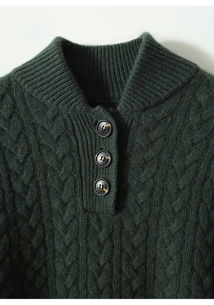 Women's Cable Knit Button Neck Sweater, Stand Collar Henley Pullover