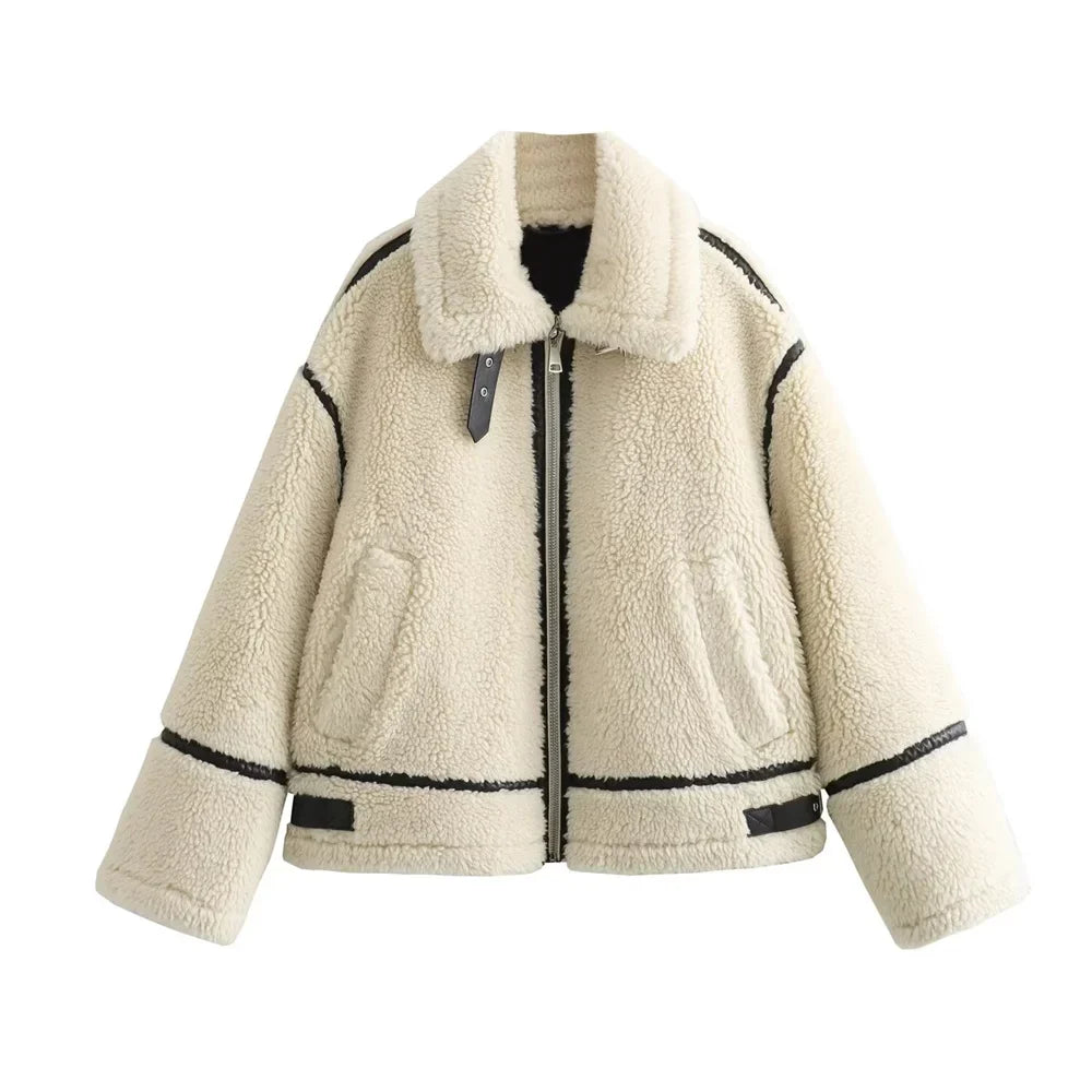 Women's Teddy Aviator Jacket, Cropped Zip Up Faux Leather Trim Jacket