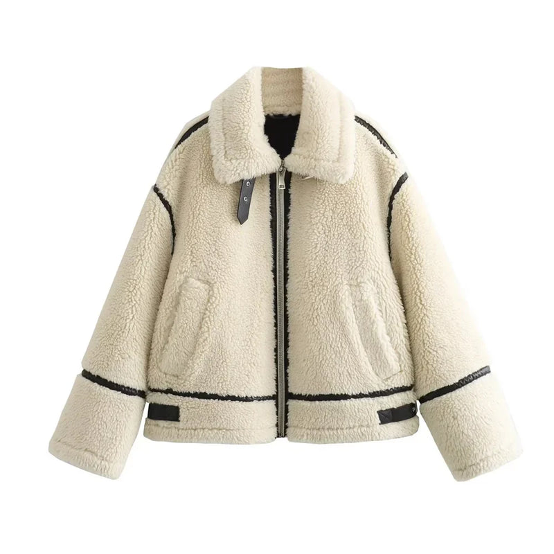 Women's Teddy Aviator Jacket, Cropped Zip Up Faux Leather Trim Jacket