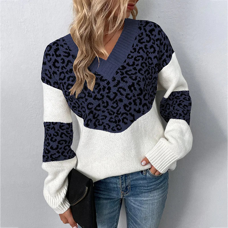 Women's Leopard Print V-Neck Sweater, Color Block Sleeve Stripe Knit Pullover